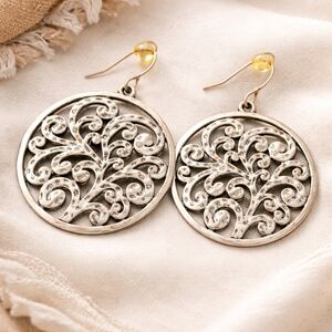 Tree of Life Filigree Dangle Earrings – Hammered Silver Tone Boho Statement